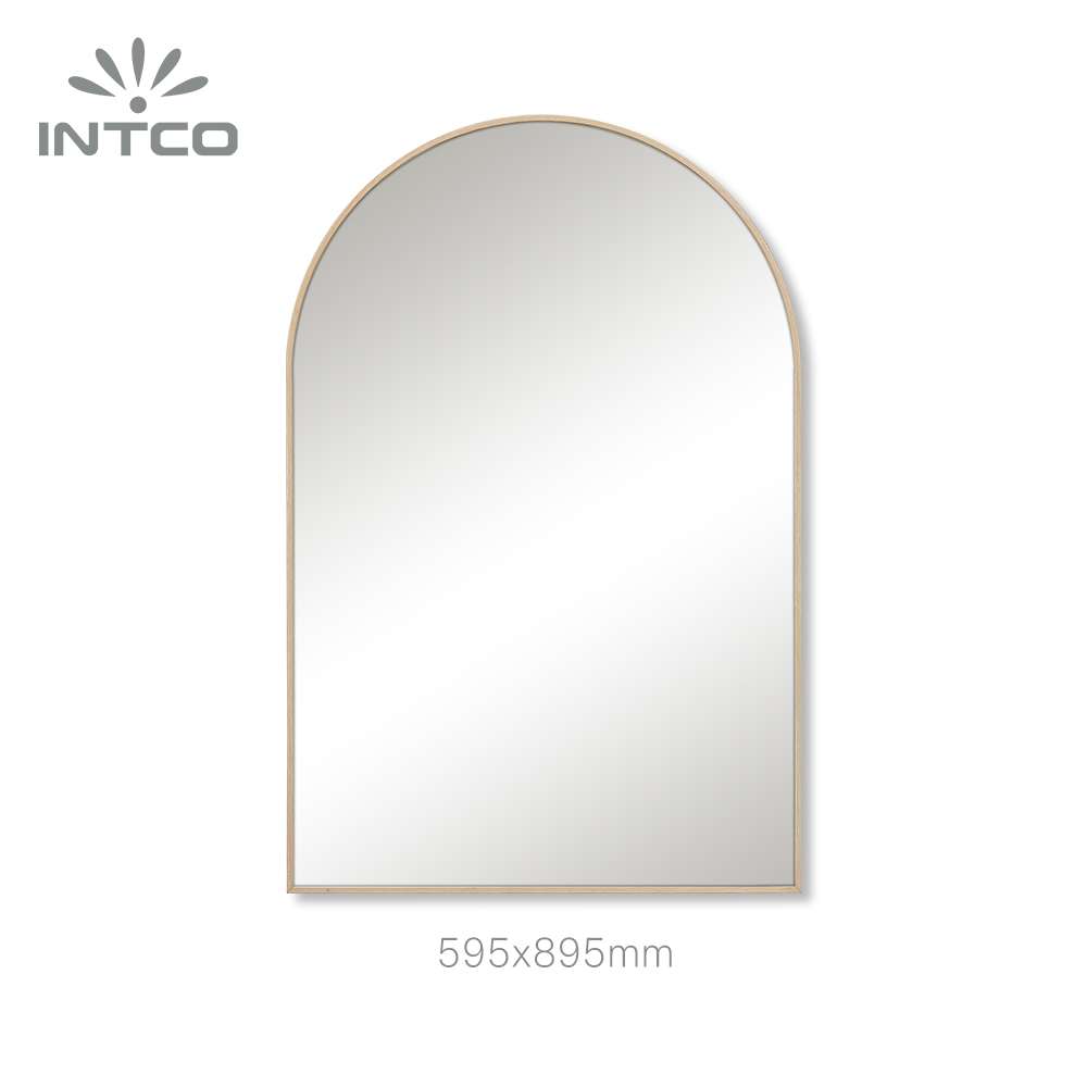 Arched aluminum wall mirror with natural wood profiles